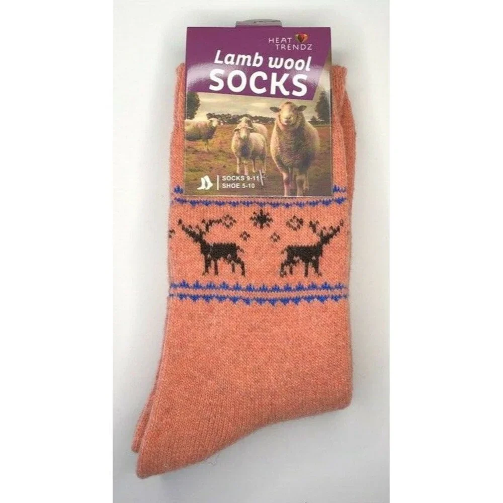 Fair Isle Lamb's Wool Ladies Socks Deer Crew Warm Winter Boot Pink Size 9-11